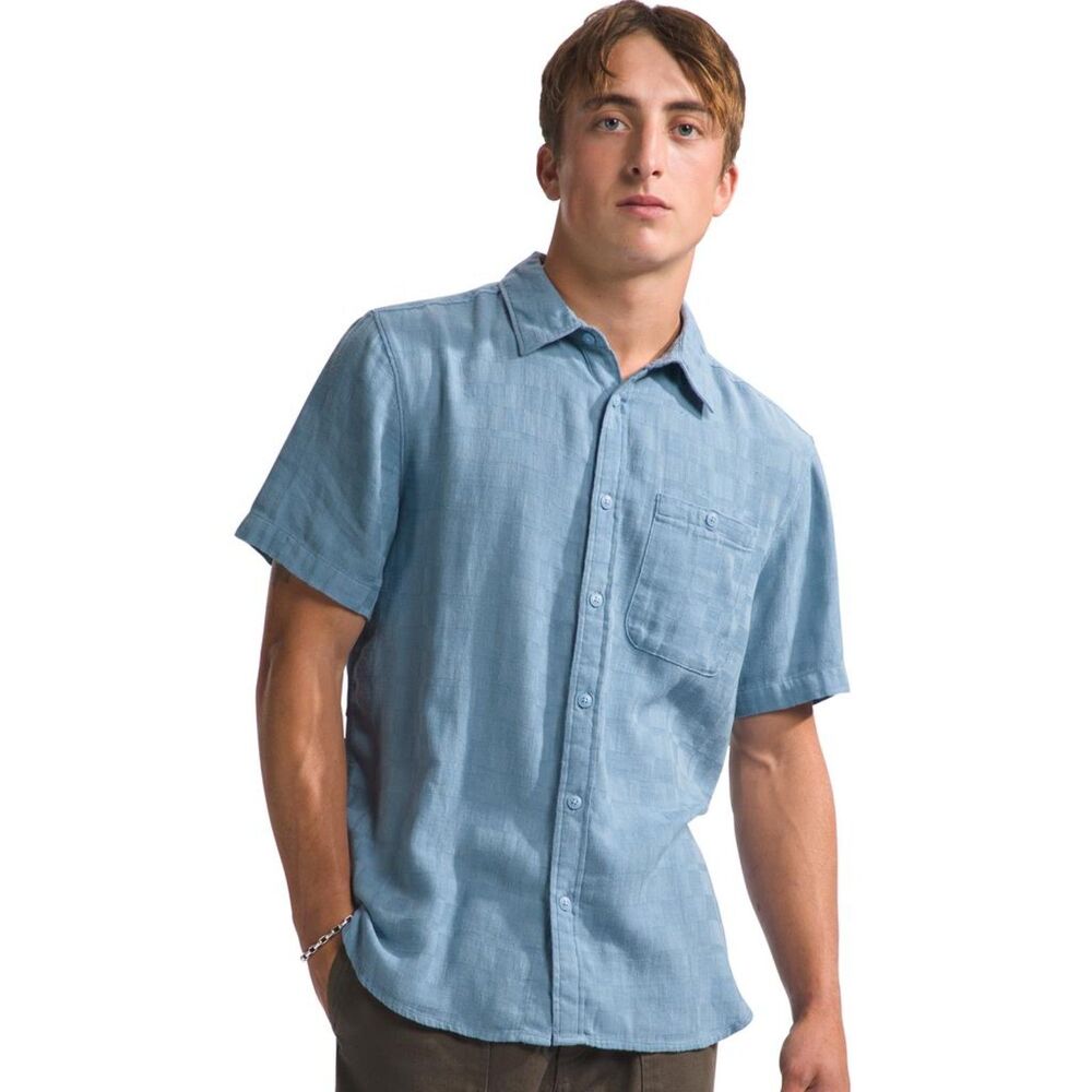 THE NORTH FACE Shirt Mens XL Blue Button Up Cotton Hemp LOGHILL JACQUARD